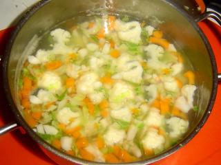 Jak udělat krémovou květákovou polévku | recept Podušenou zeleninu zalijeme litrem přecezeného masového vývaru nebo vodou. Přivedeme k varu. Menší květák včetně křehkých světle zelených lístků těsně u růživce nasekáme na kousky a dáme vařit k zelenině. Přidáme sůl a uvaříme do měkka.